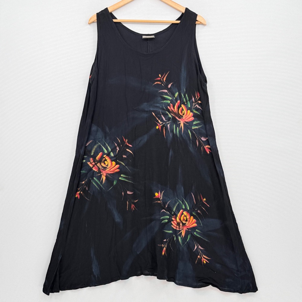 Tropical Batik Sleeveless Dress Womens OS Black Floral Hand Painted Boho Summer